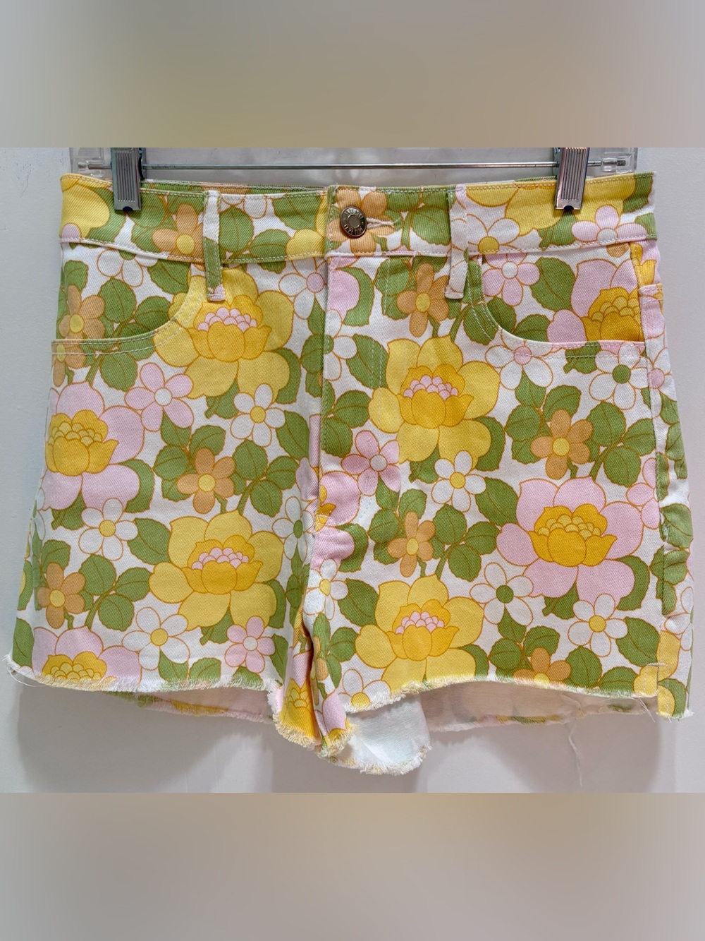 Show Me Your MuMu Floral Denim Shorts in Yellow, Green & Pink